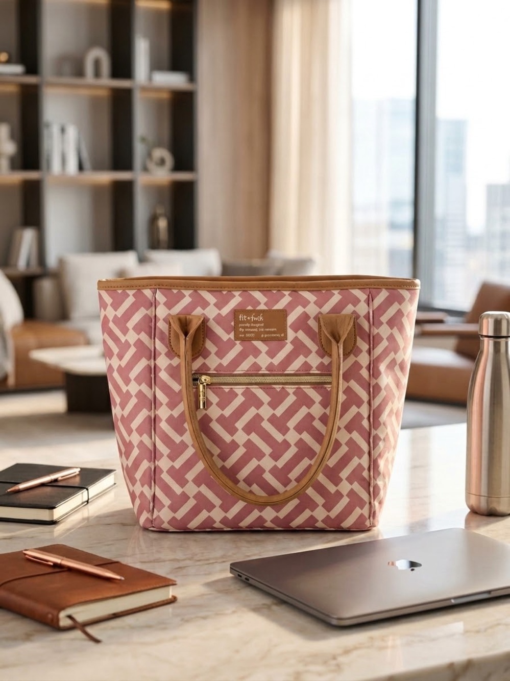 Pink Geometric Insulated Tote with Tan Trim by